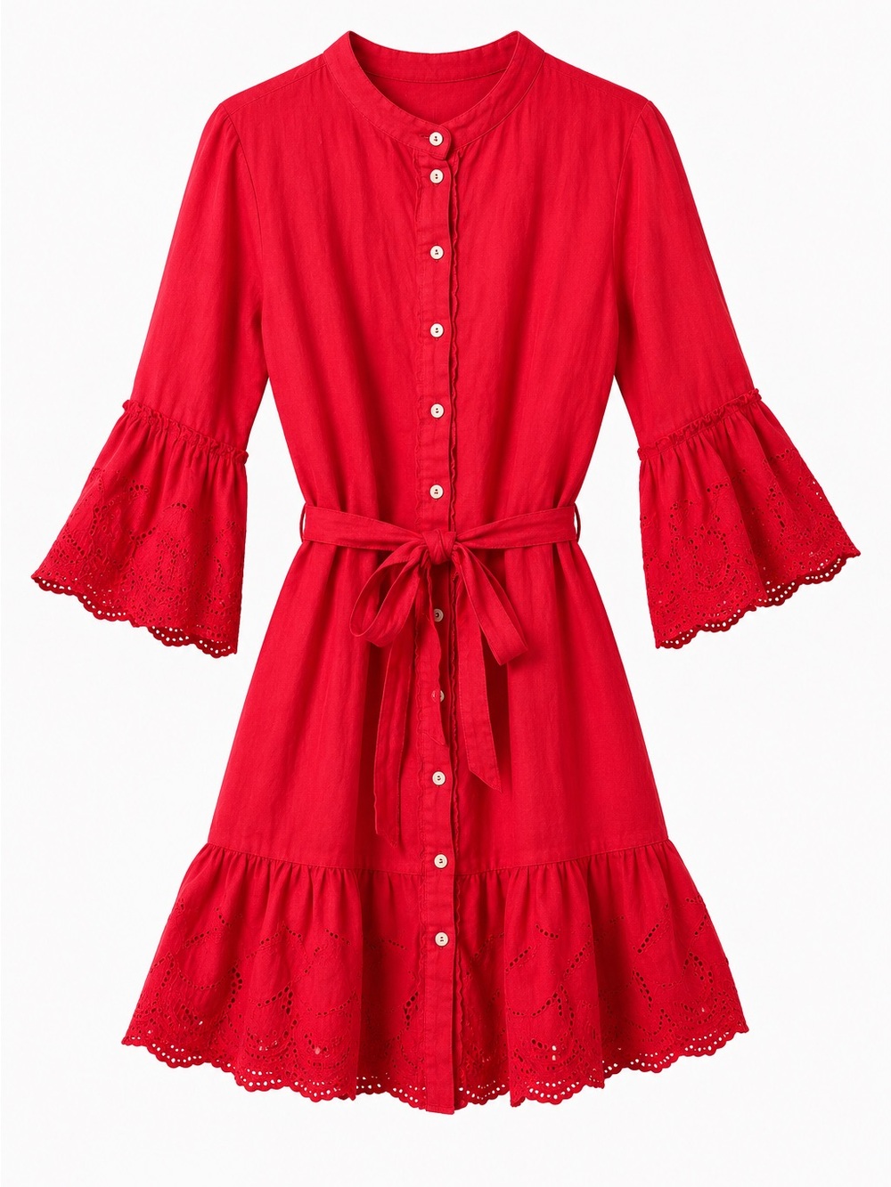 120% Lino 100% Linen Red Eyelet Button Front Belted Mini Dress IT 38 XS